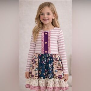 Ricrac & Ruffles Girls Boutique Patchwork Dress Pink Stripe Lace Size 8